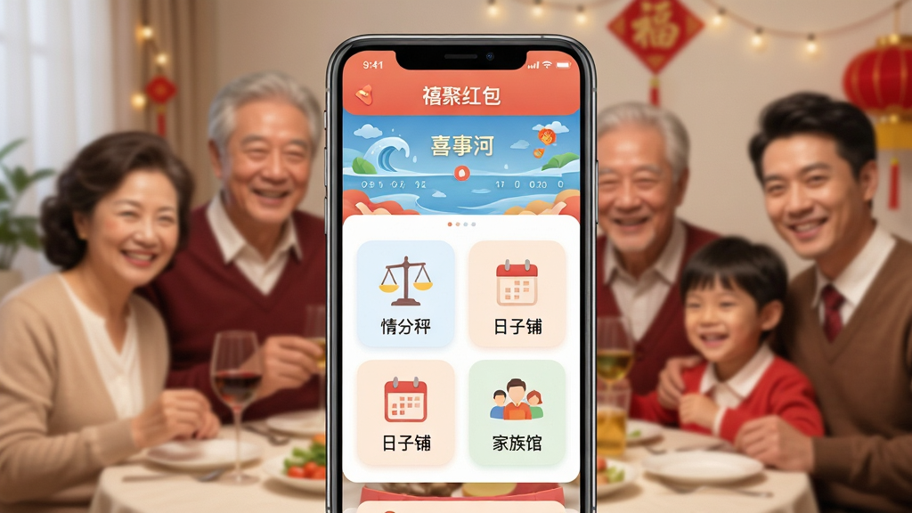 主体:手机屏幕展示“禧聚红包”主界面,界面顶部有“喜事河”时间流,下方四个功能图标“情分秤”“日子铺”“家族馆”依次排列,背景为温馨家庭聚会场景,人物笑脸盈盈。布局:手机居中,界面清晰,功能图标整齐排列。排版:界面采用卡片式布局,色彩柔和。风格:扁平化设计,温馨生活感。细节:界面文字清晰可见,图标精致,背景虚化。画质:高清,干净,无多余元素。