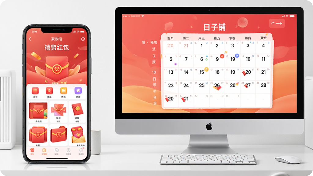 主体:手机和电脑并排展示“禧聚红包”应用界面,手机显示家族馆页面,电脑屏幕显示日子铺日历。布局:手机在左,电脑在右,背景为简洁桌面。排版:设备尺寸对比明显。风格:科技感。细节:屏幕内容清晰,图标可见。画质:高清,干净,无多余元素。