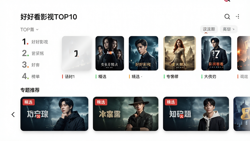 主体:好好看影视APP的排行榜页面,显示TOP10列表和专题推荐卡片;布局:榜单置顶,专题卡片横向滑动;排版:榜单数字醒目,卡片封面精美;风格:现代简约,背景白色;细节:榜单标题“好好看影视TOP10”,专题卡片标注“精选”;画质:高清,干净。