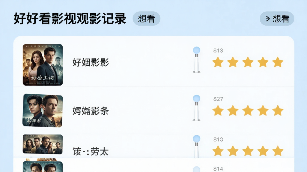 主体:好好看影视APP的观影记录与评分界面,显示列表和星级评分控件;布局:列表纵向排列,评分星级在右侧;排版:列表项有电影海报和标题,星级为五颗星;风格:清爽简约,背景浅蓝;细节:顶部标题“好好看影视观影记录”,有“想看”标签;画质:高清,干净。