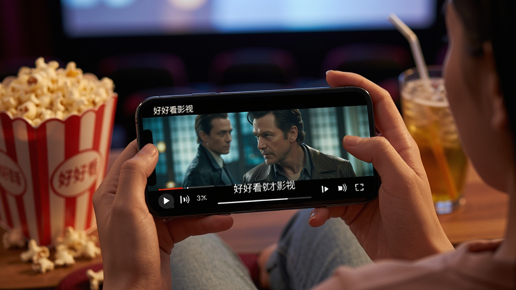主体:用户正在使用好好看影视APP观看电影,手机横屏播放,画面清晰;布局:手机居中,周围有爆米花和饮料;排版:画面沉浸,字幕显示;风格:影院氛围,光线柔和;细节:手机屏幕上有“好好看影视”播放界面;画质:高清,干净。