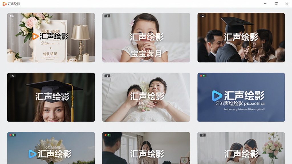 汇声绘影软件内展示多款视频模板缩略图,包括婚礼请柬、宝宝满月、毕业纪念、企业宣传等风格,每个缩略图都带有“汇声绘影”水印,界面采用宫格布局,背景为浅灰色,整体简洁明亮,扁平化UI设计,画质清晰,细节丰富,无多余元素。