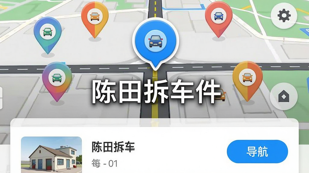 图片主体为陈田拆车件APP的地图导航功能界面截图。布局采用上下结构,上方是彩色标注的电子地图,地图上分布着多个商户定位气泡,其中一个气泡被放大高亮显示。下方是商户信息卡片,包含店铺名和“导航”按钮。排版清晰,信息层级分明。风格为扁平化UI设计结合3D地图元素,色彩明快。细节上,地图道路清晰,图标精致。画质干净,无多余元素。图片中央需有“陈田拆车件”字样。