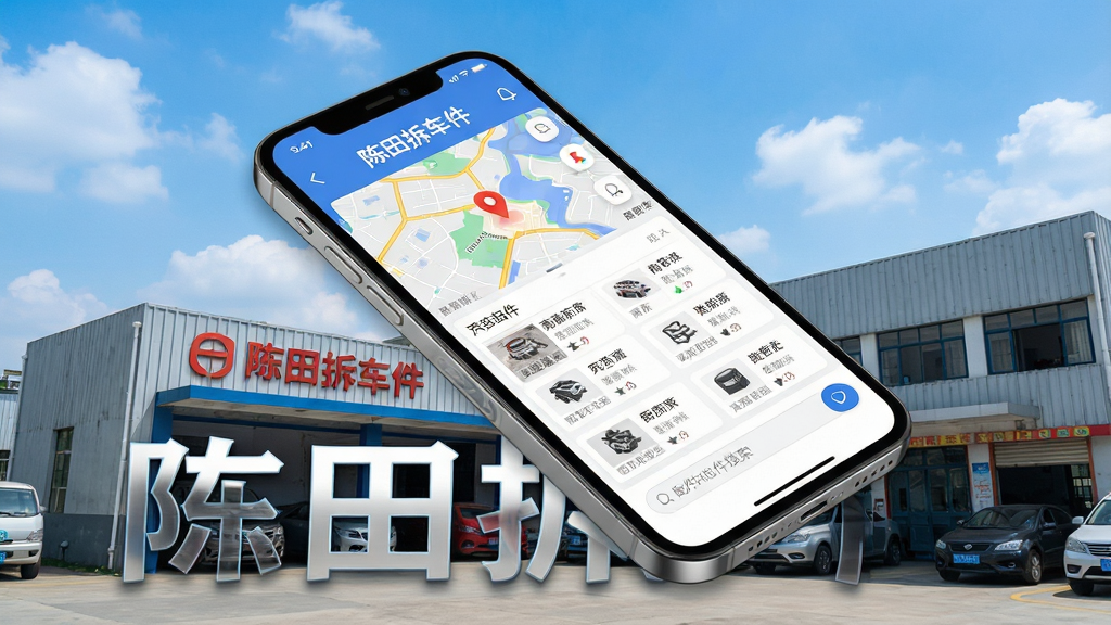 画面主体为一部放大的智能手机悬浮在广州市陈田汽配城实景上空,手机屏幕清晰显示“陈田拆车件”APP界面,界面内有地图定位、商家列表和配件搜索框。布局采用对角线构图,手机与背景建筑形成空间层次。排版上,手机界面UI元素细节丰富,背景蓝天白云。风格为现代科技感与写实摄影结合,画面干净明亮。文字标签需突出显示“陈田拆车件”五个字。画质高清,无多余元素。
