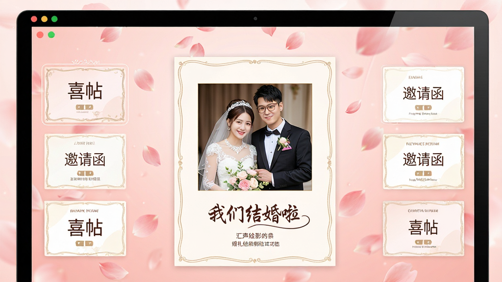 汇声绘影软件界面展示婚礼请柬制作功能,屏幕上显示一张精美的电子请柬,包含新郎新娘婚纱照和“我们结婚啦”文字,周围有“喜帖”、“邀请函”等模板选项,背景为温馨的粉色花瓣飘落效果,界面优雅浪漫,扁平化设计,画质高清,细节丰富,无多余元素。