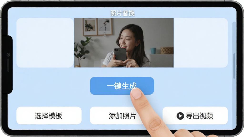 汇声绘影软件操作界面,手指点击屏幕上的“一键生成”按钮,界面上方显示照片替换区域,下方有“选择模板”、“添加照片”、“导出视频”等简洁按钮,整体背景为浅蓝色,扁平化设计,画质清晰,干净无多余元素。