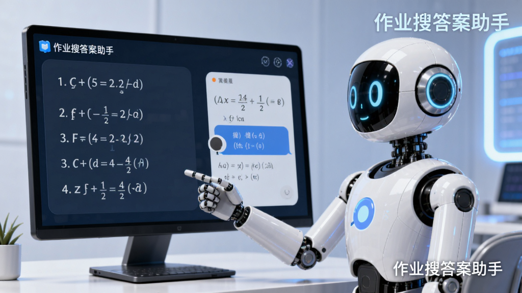 AI机器人正在讲解数学题,屏幕上有步骤分解和语音对话界面,软件名称“作业搜答案助手”以水印形式出现,背景简洁,科技感风格,高清渲染,画质干净