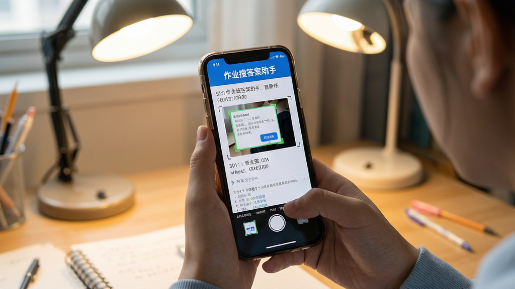 学生用手机拍照搜题,屏幕上显示题目识别结果和答案解析,软件名称“作业搜答案助手”在顶部,背景为书桌和台灯,画面真实自然,高清画质,干净无多余元素