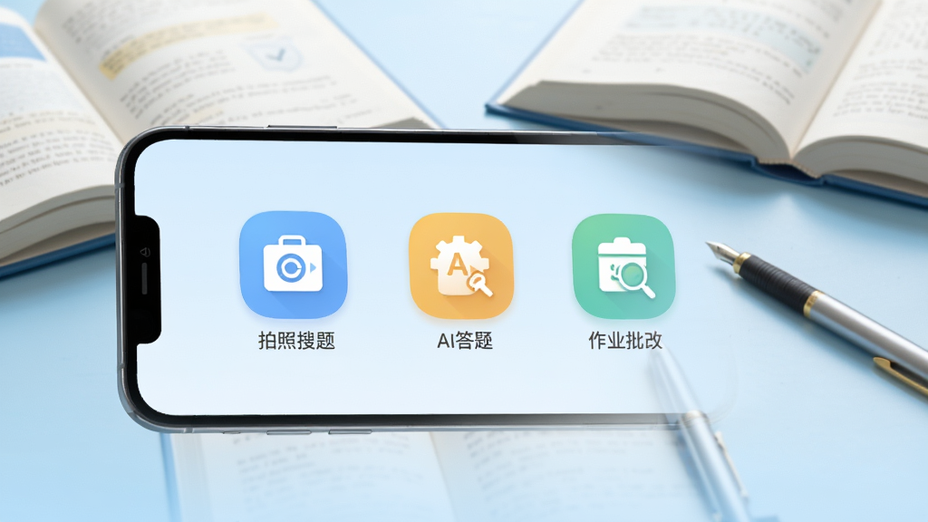 作业搜答案助手主界面展示,手机屏幕上有拍照搜题、AI答疑、作业批改等功能图标,背景为淡蓝色学习场景,书本和笔点缀,整体风格简洁明亮,高清渲染,画质干净,无多余元素