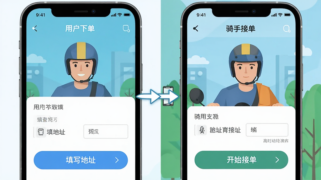 ����Ϊ������ʿ�ʹ�APP˫���л�������ʾ�����ҷ������֣����Ϊ�û��µ����棬�Ҳ�Ϊ���ֽӵ����档�Ű��������ü�ͷָʾ�л���ť������ƽ����ɫ�����죬ͻ�����ܵ�ֱ���ԡ�ϸ��չʾ�û��ˡ���д��ַ�������ֶˡ���ʼ�ӵ�����ť�����ʸɾ����޶���Ԫ�ء�