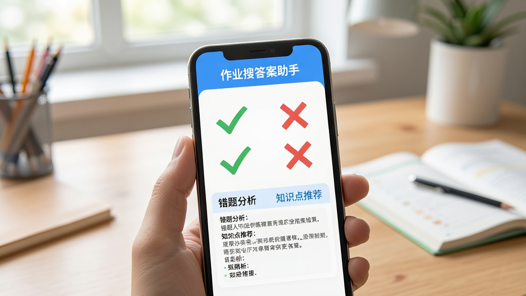 手机屏幕显示作业批改结果,对勾和叉号标记清晰,下方有错题分析和知识点推荐,软件名称“作业搜答案助手”在界面顶部,背景为学习桌,自然光,高清画质,干净整洁