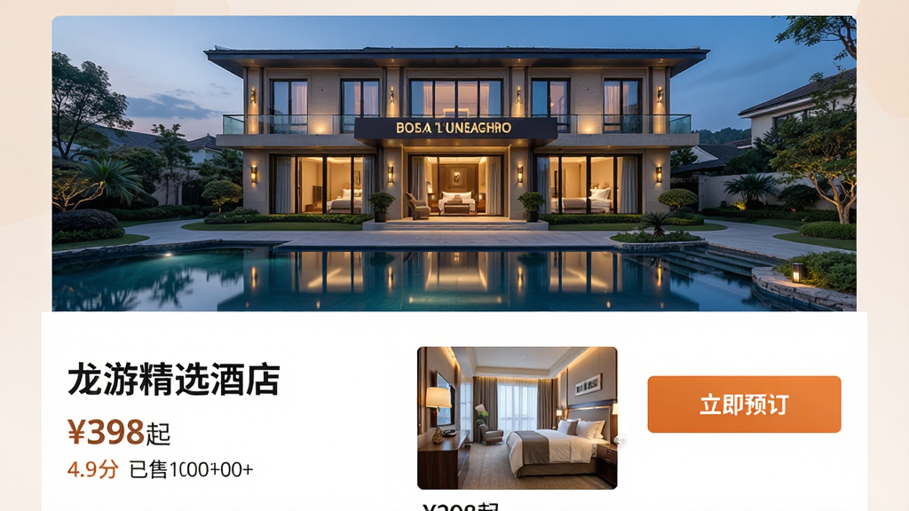 ���壺�Ƶ�Ԥ��ҳ�棬չʾһ�Ҿ�Ʒ�Ƶ�����飬�����Ƶ��⾰������ͼƬ���۸��ǩ�����֣��Ϸ�Ϊ�Ƶ�ȫ����ͼ���·����ҷֲ�������Ϣ��Ԥ����ť���Ű棺������ֲ����оƵ����ơ����ξ�ѡ�Ƶꡱ�ͼ۸�398�𡱣��Ҳ�Ϊ������Ԥ������ɫ��ť��������������ͼƬ������ɫ����͡�ϸ�ڣ���ʾ����4.9�֣�����1000+����Ϣ���������ʣ����壬�޶���Ԫ�ء�