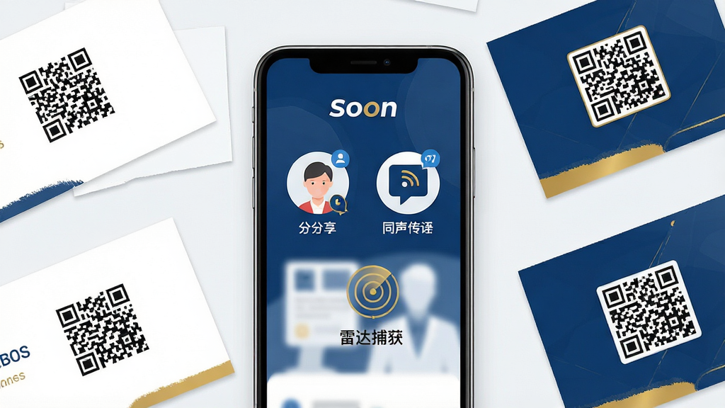 一张现代商务场景的图片,主体为一部智能手机屏幕显示Soon应用主界面,界面风格简洁专业,包含联系人分享、同声传译、雷达捕获等图标。布局采用居中构图,手机旁散落着几张带有二维码的商务名片。整体风格为扁平化设计,色彩以深蓝与白色为主,搭配金色点缀。细节上突出AI翻译与雷达图标,画质高清、干净,无多余元素。