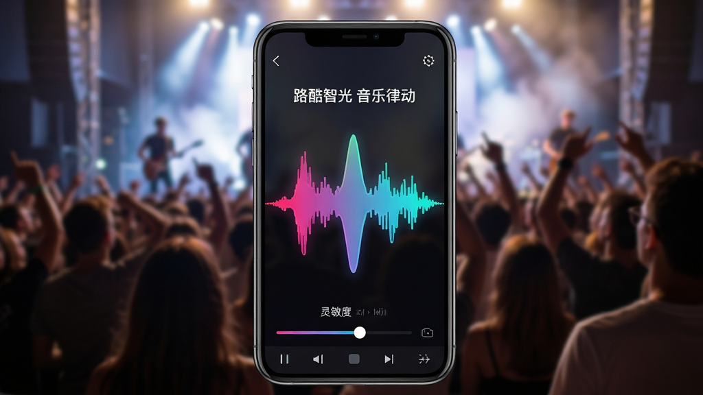 主体:手机屏幕显示路酷智光APP的音乐律动界面,波形图随着音乐起伏,背景是演唱会现场人群。布局:波形图位于屏幕中央,背景人物虚化,突出动态效果。排版:波形图颜色渐变,节奏感强。风格:动感活力,科技感。细节:屏幕上有“路酷智光 音乐律动”字样,波形图下方有灵敏度调节滑块。画质:高清,动态清晰,干净无多余元素。