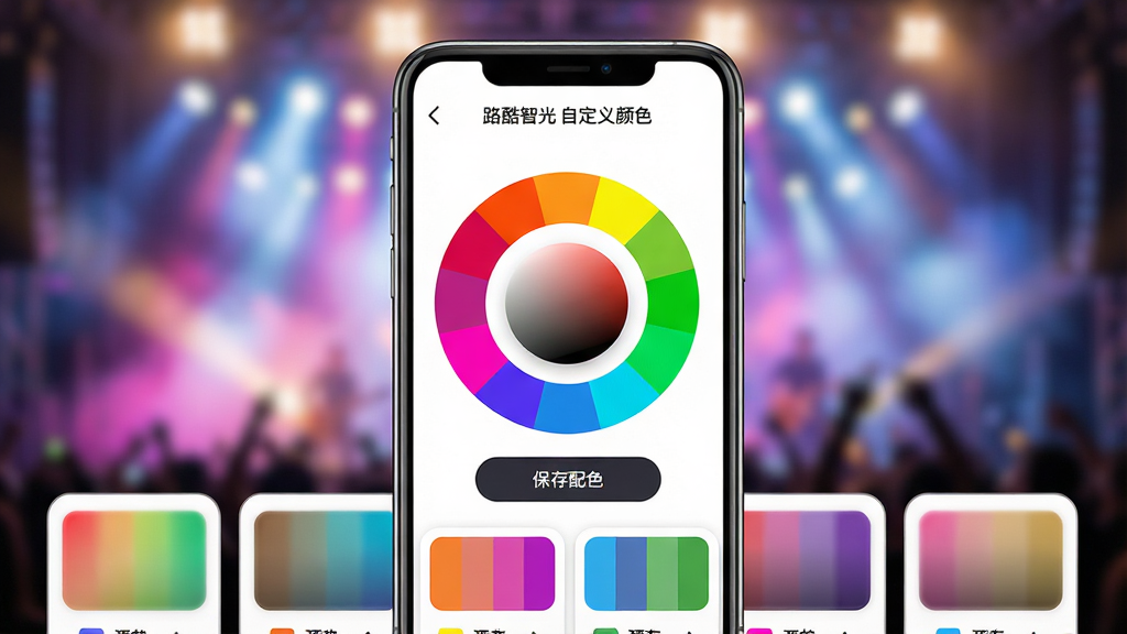 主体:手机屏幕显示路酷智光APP的调色盘界面,下方有多个预设颜色卡片,背景是模糊的演唱会灯光。布局:调色盘占据屏幕大部分,颜色鲜艳,背景光斑梦幻。排版:界面简洁,色盘圆润,色彩过渡自然。风格:色彩缤纷,时尚感强。细节:屏幕顶部有“路酷智光 自定义颜色”字样,色盘下方有“保存配色”按钮。画质:高清,色彩准确,干净无多余元素。