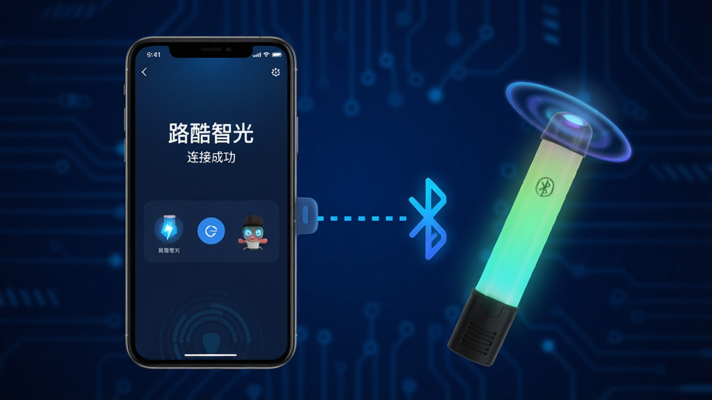 主体:手机与智能荧光棒通过蓝牙连接的示意图,手机屏幕显示“路酷智光”配对界面,一根发光的荧光棒在旁边。布局:手机在左,荧光棒在右,中间有一条虚线表示蓝牙信号,背景为深蓝色科技感背景。排版:界面元素居中,信号线清晰,荧光棒发光效果突出。风格:科技简约风,蓝色调为主。细节:手机屏幕上有“路酷智光 连接成功”字样,荧光棒顶部有光晕。画质:高清,干净无多余元素。