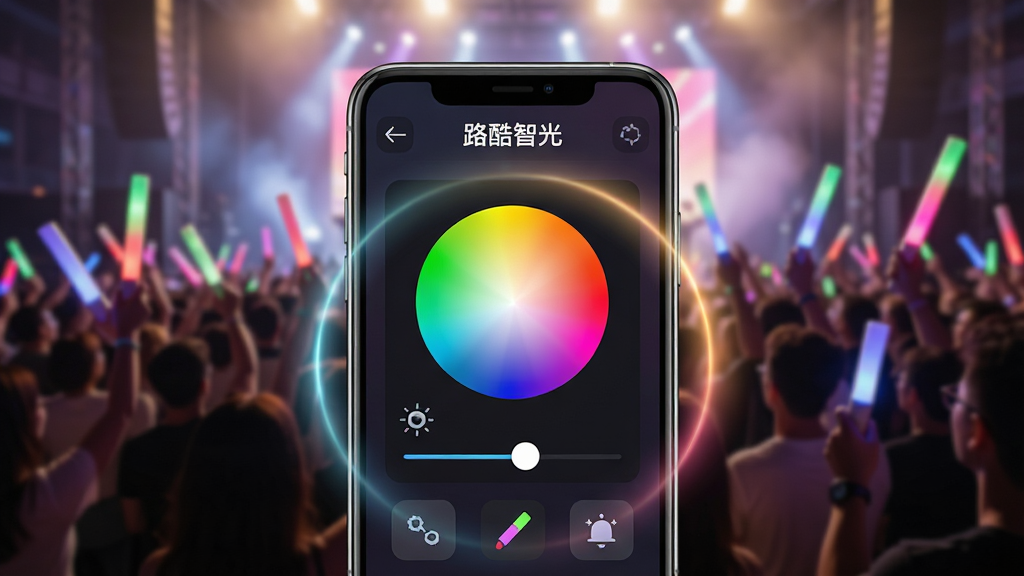 主体:一款名为“路酷智光”的智能手机应用界面,背景为演唱会现场,众多观众挥舞着发光荧光棒,画面中央是一部手机,屏幕上显示荧光棒颜色控制面板。布局:手机位于画面中央偏下,背景虚化处理,突出手机界面,手机屏幕内有色盘和亮度滑块,周围有光晕效果。排版:手机界面简洁清晰,功能图标排列整齐,背景光线柔和。风格:现代科技感,色彩绚丽,动态光影。细节:手机屏幕中显示“路酷智光”字样,荧光棒颜色与手机界面颜色联动。画质:高清渲染,干净无多余元素。