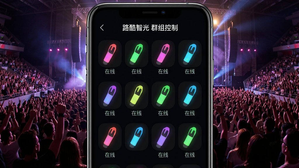 主体:手机屏幕显示群组控制界面,多个荧光棒图标排列,每个图标有不同颜色,背景是万人演唱会现场。布局:图标网格排列,背景人群涌动,灯光统一。排版:界面清晰,图标简洁,颜色区分明显。风格:宏大壮观,科技感。细节:屏幕顶部有“路酷智光 群组控制”字样,每个图标下方有“在线”状态。画质:高清,干净无多余元素。