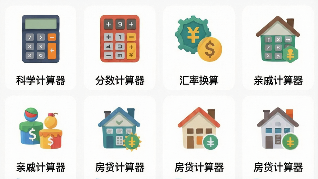 主体为“万全计算器”应用功能矩阵界面截图,以网格形式展示“科学计算器”、“分数计算器”、“汇率换算”、“亲戚计算器”、“房贷计算器”等图标,每个图标下方配有中文名称。布局为规整的4列网格排版,风格简洁明快,以白色为底,图标色彩鲜艳各异,细节注重每个图标的独特辨识度,画质清晰,干净无多余元素。