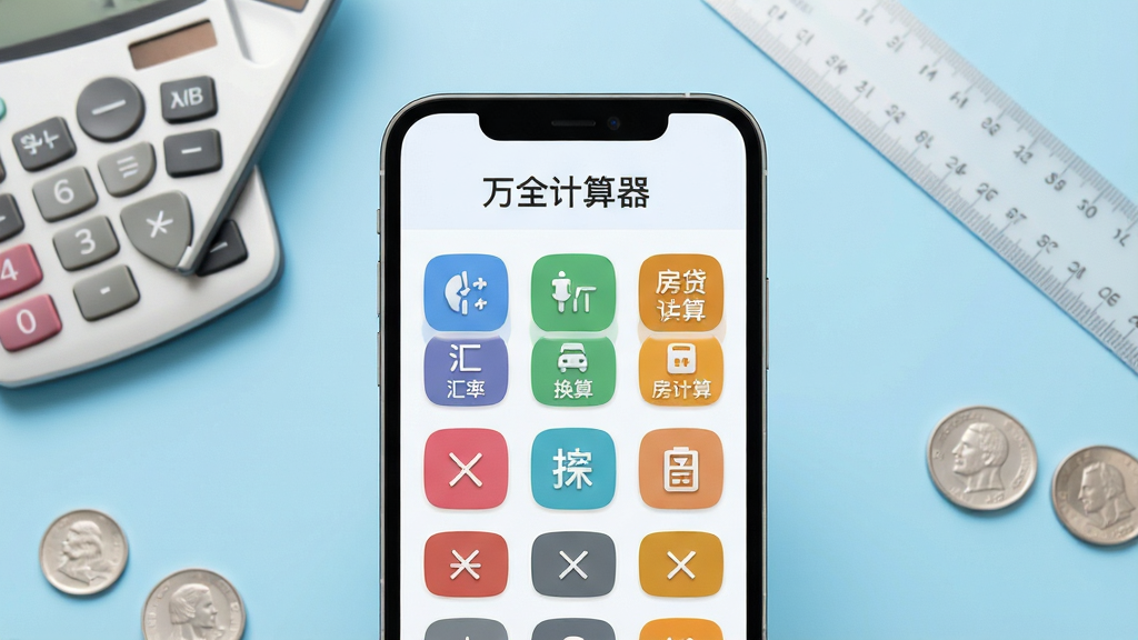 主体为一部现代智能手机屏幕特写,屏幕上清晰显示“万全计算器”应用界面,界面布局整齐排列着科学计算、汇率换算、房贷计算等彩色功能图标。背景为简洁的浅蓝色渐变工作台,摆放有实体计算器、直尺和几枚硬币。布局采用居中构图,排版疏朗,风格为扁平化结合轻微拟物质感,细节刻画图标内部符号,画质高清,干净无多余元素。