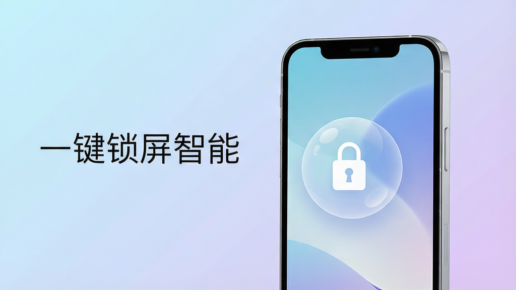 一张现代简约风格的手机应用概念图,主体是一部亮屏的智能手机,屏幕中央悬浮着一个半透明的圆形悬浮球,球体上有一个清晰的锁形图标。背景采用柔和的渐变色,从浅蓝过渡到淡紫,营造出科技与宁静的氛围。布局上手机占据画面中心偏右,左侧留白处用优雅的无衬线字体写着“一键锁屏智能”。整体风格扁平化,线条干净利落,画质高清,色彩饱和度高,细节丰富,无多余元素。
