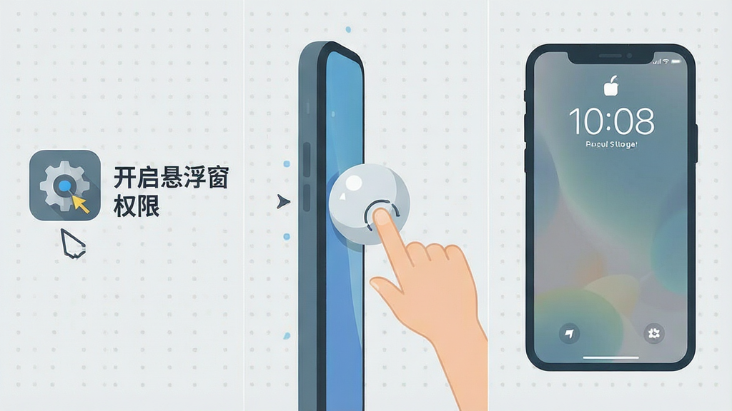 一张分步教程风格的插图,主体分为三个模块,从左到右依次排列。第一个模块画着手机设置图标,旁边写着“开启悬浮窗权限”;第二个模块画着一个悬浮球吸附在屏幕边缘,并有一个手指点击的动势;第三个模块是手机锁屏界面,显示时间。整体布局清晰,采用扁平化插画风格,背景为浅灰色,带有微妙的网格点阵,突出教程感。画质干净,色彩统一,无多余元素。