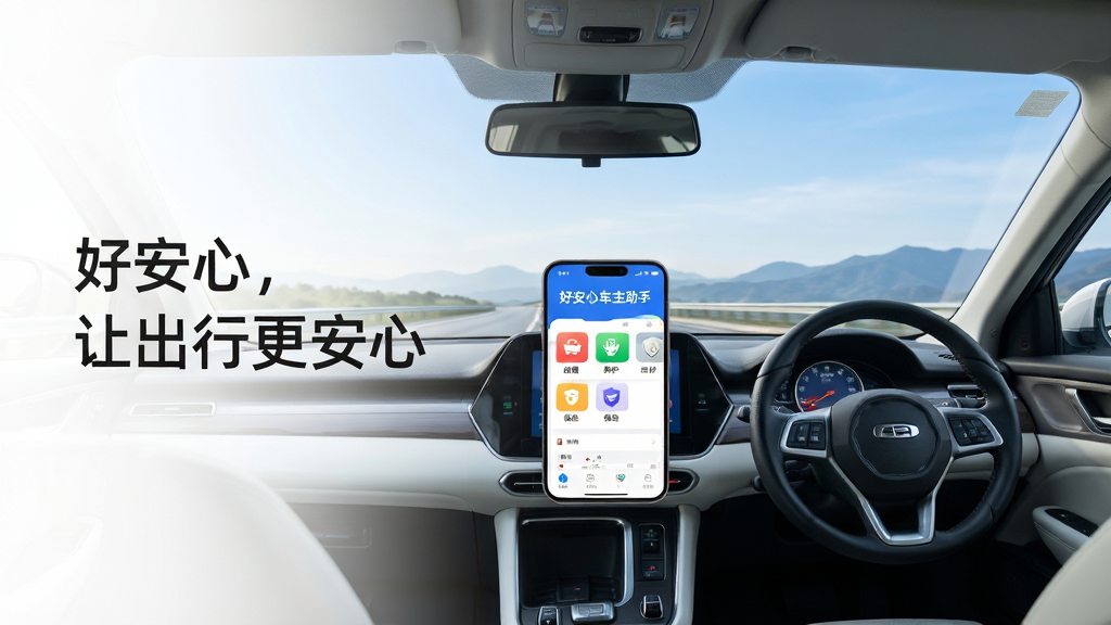 画面主体为一辆白色家用轿车行驶在清晨的高速公路上,前方是开阔的蓝天和远山,车内中控台上方悬浮着手机界面,屏幕清晰显示“好安心车主助手”APP的首页,有“救援”“养护”“保险”三个彩色图标。整体布局采用黄金分割构图,汽车位于画面右侧三分之一处,左侧留白写有“好安心,让出行更安心”的广告语。风格写实明亮,光线柔和,细节丰富,画质高清干净,无多余元素。