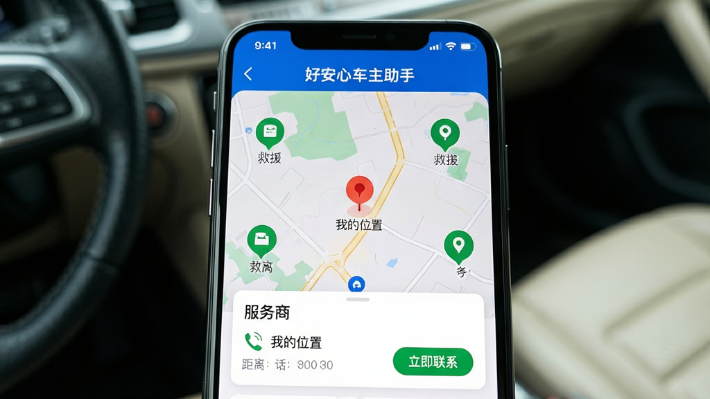 手机屏幕特写,显示“好安心车主助手”的“附近接电查询”功能页面,地图上分布着多个绿色救援点图标,其中一个红色定位标记显示“我的位置”,底部弹出服务商卡片,包含距离、电话和“立即联系”按钮。画面以俯视角度拍摄,手机位于画面中央偏下,背景为虚化的车内环境。风格清晰明亮,图标精致,文字可读,画质干净,无多余元素。