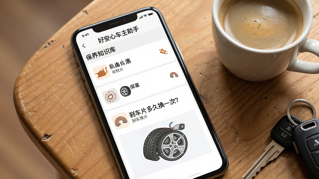 手机屏幕显示“好安心车主助手”的“保养知识库”文章列表,每一条带有小图标,如机油壶、刹车片、轮胎,其中一篇文章标题为“刹车片多久换一次?”,下方配有一张图解。手机竖屏置于木质桌面上,旁边放有一杯咖啡和车钥匙。风格清新自然,暖色调,文字清晰,画质细腻,无多余元素。