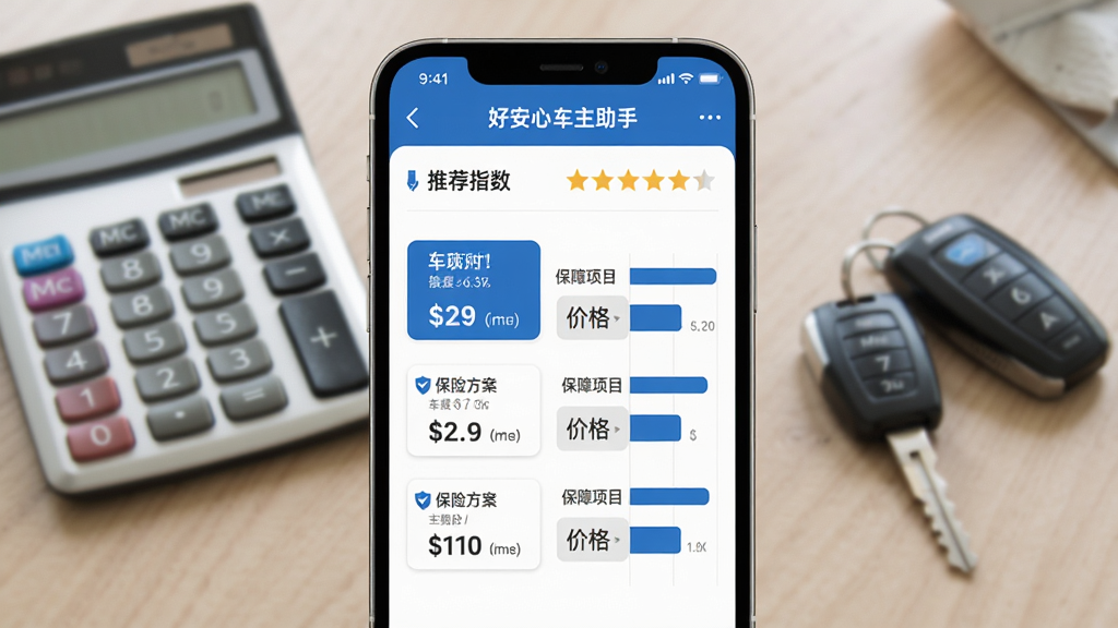 画面展示“好安心车主助手”的“车险对比”功能页面,左侧列出三款保险方案,右侧显示保障项目和价格对比条形图,顶部有“推荐指数”星级评分。手机屏幕占据画面中央,背景为虚化的办公桌,桌上有计算器和车钥匙。风格商务稳重,蓝色主调,数据可视化清晰,画质干净,无多余元素。