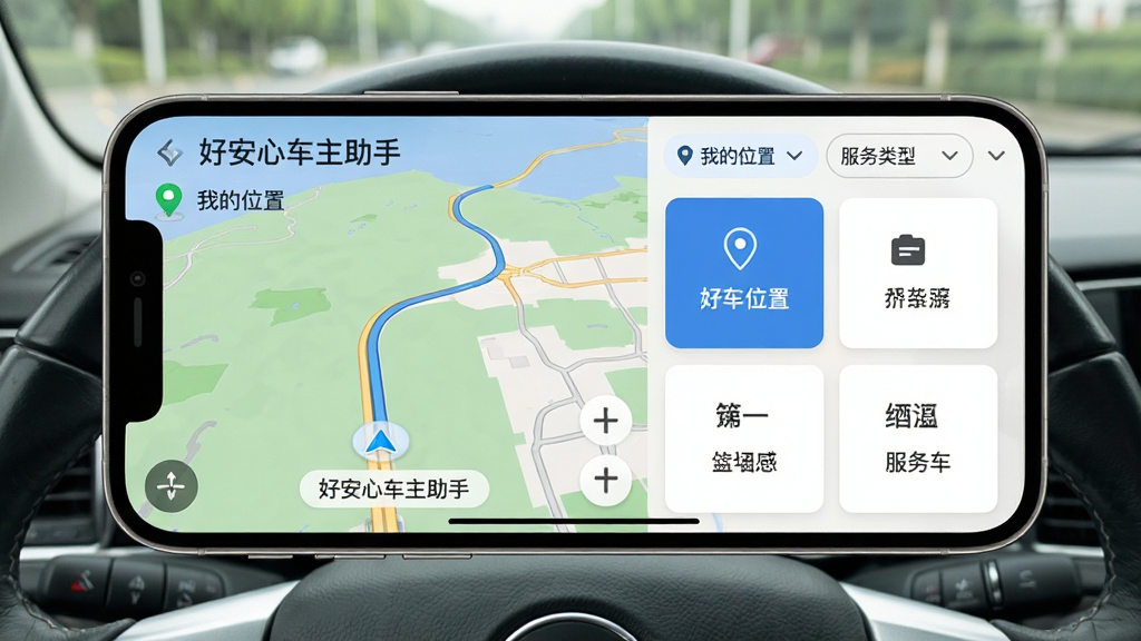 手机横屏展示“好安心车主助手”的导航地图界面,画面左侧为地图,右侧为服务卡片,顶部有“我的位置”和“服务类型”筛选栏。背景为驾驶室视角,方向盘在画面下方。风格写实,色彩自然,地图细节清晰,画质干净,无多余元素。