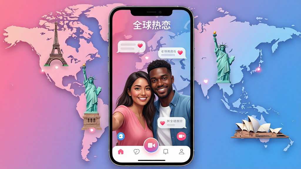 ���壺һ����Ϊ��ȫ�����������罻APP���棬չʾȫ���ͼ������������ҵر��簣�ƶ�����������Ů����Ϥ����Ժ��׺������������һ�Կ���������΢Ц���ġ����֣��ֻ���Ļ���е�Ӧ�������棬�ײ�������������������ʾ��ȫ��������logo���Ű棺����ͼ���࣬����Բ�ǿ�Ƭʽ��ƣ����ܰ�ť�ֲ����ȡ����������ܰ������Ψ����ɫ���Է�������Ϊ����ϸ�ڣ��������ݴ��а���װ�Σ���Ƶͨ��ͼ������������͸¶�����ʻ����ѵķ�Χ�����ʣ�������Ⱦ��ϸ�ڷḻ���ɾ��޶���Ԫ�ء�