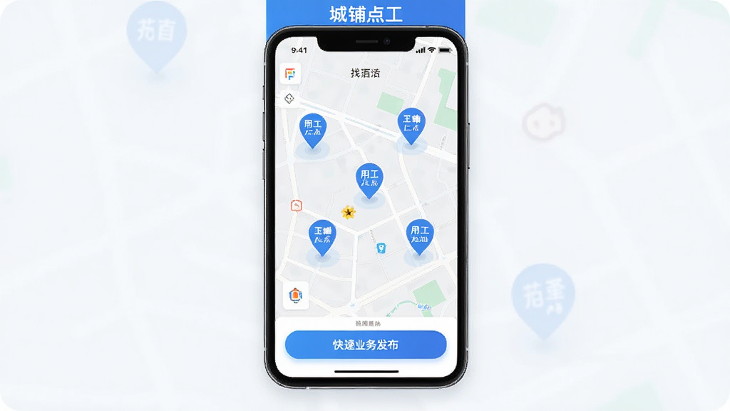 一幅展示城铺点工APP核心界面的高清概念图,主体为智能手机屏幕,屏幕内显示着地图找活界面,地图上有多个用工点标记,底部有快捷业务发布按钮,整体布局清晰,风格现代简约,以蓝白为主色调,画质干净,无多余元素,图片中可显示文字“城铺点工”