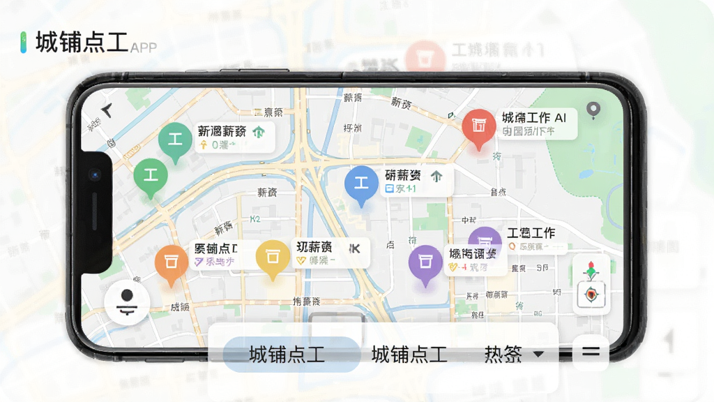 城铺点工APP的地图找活功能预览图,主体为手机界面截图,地图上分布着不同颜色的圆形工作标记,每个标记旁有简要的工种和薪资标签,页面底部有筛选栏,整体风格清爽,地图细节丰富,画质高清,干净无多余元素,图片中显示文字“城铺点工”