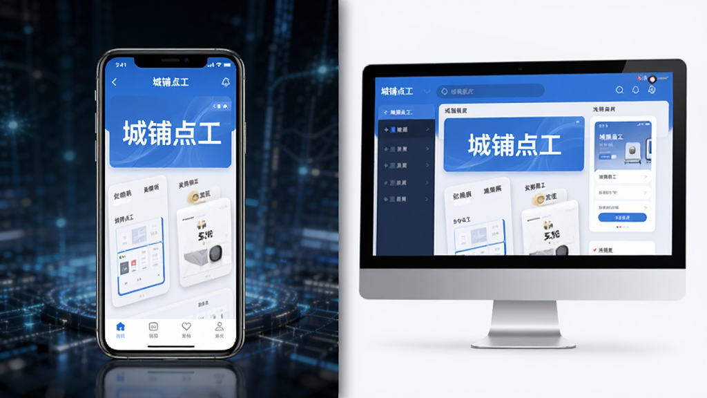 展示城铺点工APP在手机和电脑模拟器上运行对比图,主体为左右分屏设计,左侧是手机实体,右侧是电脑显示器,屏幕内均显示城铺点工应用界面,整体构图平衡,风格科技感,画质清晰,干净无多余元素,图片中显示文字“城铺点工”