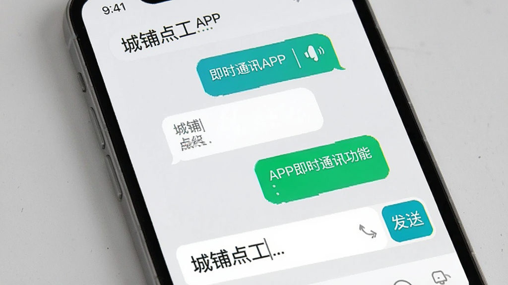 城铺点工APP即时通讯功能界面展示图,主体为聊天对话界面,包含文本框、发送按钮和语音消息图标,背景为浅灰色,对话气泡清晰,整体布局符合移动端交互习惯,风格简洁实用,画质干净,无多余元素,图片中显示文字“城铺点工”