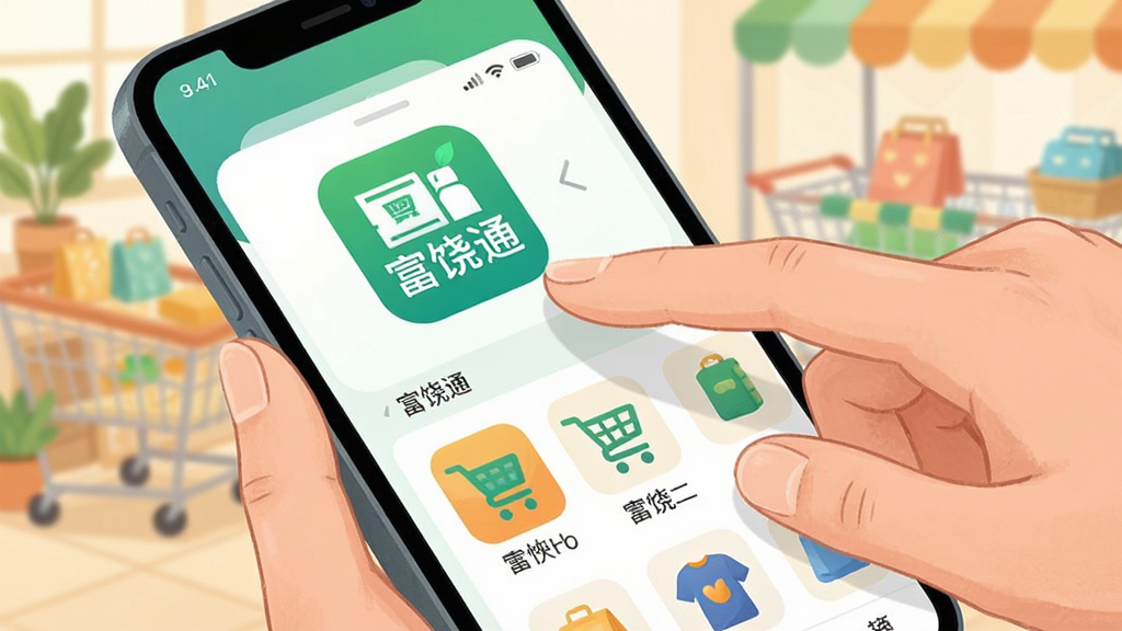 主体为一个整洁的购物场景,人物手指点击手机屏幕上的“富饶通”APP图标。布局采用特写镜头,聚焦在手指与屏幕交互的瞬间。排版强调APP界面的流畅切换,展示不同商品分类的图标。风格为清新自然的插画风,色调明快。细节描绘了屏幕上的分类列表和购物车图标。画质清晰,画面干净,无多余元素。