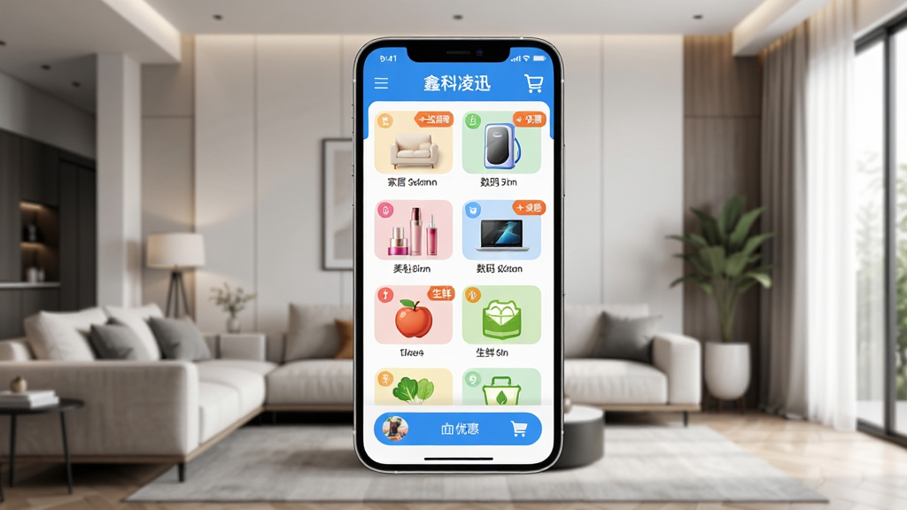 画面主体为鑫科凌迅APP的虚拟界面展示,居中悬浮于现代简约客厅背景之上,界面清晰展示商品分类图标如家居、美妆、数码、生鲜等,布局采用网格排版,风格明亮清新,细节包含购物车图标与优惠标签,画质高清干净,无多余元素