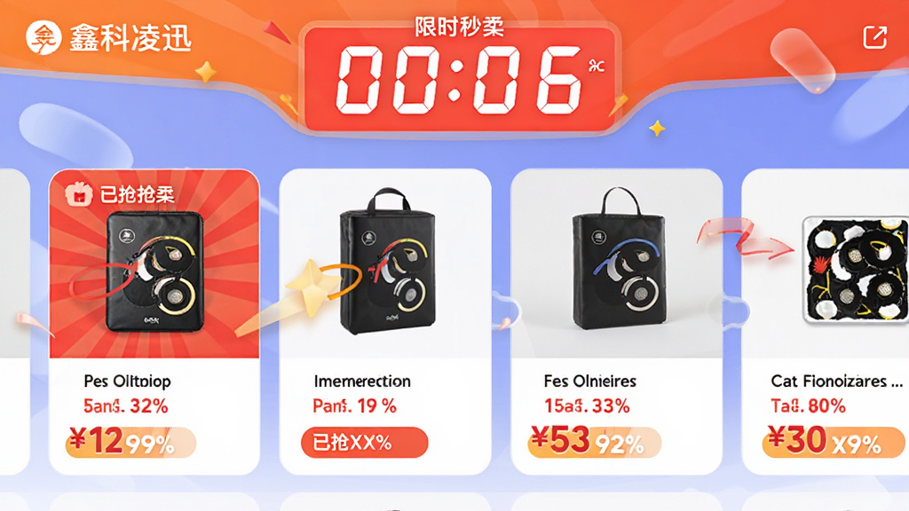 画面主体为鑫科凌迅APP的限时秒杀活动页面,顶部倒计时时钟,下方展示多款商品图片及折扣价格,布局为左右滑动卡片式,风格活力促销风格,细节有“已抢XX%”进度条,画质高清干净,无多余元素
