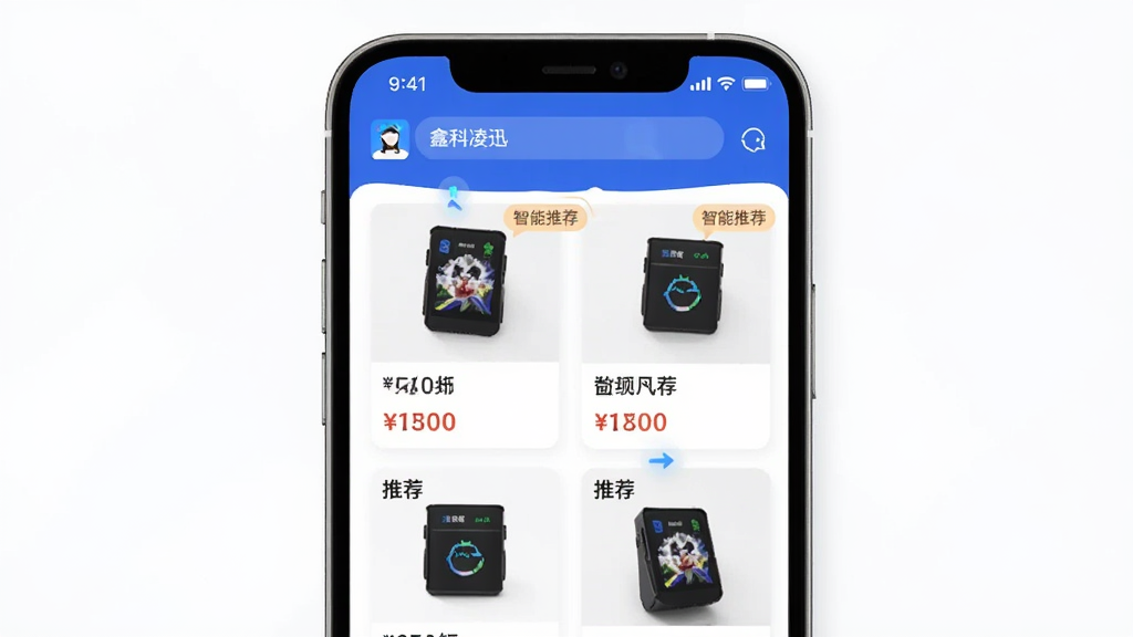 画面主体为鑫科凌迅APP的首页推荐页面,顶部搜索栏,下方瀑布流布局展示推荐商品卡片,每张卡片包含商品图片、价格和“智能推荐”标签,风格简洁现代,细节体现个性化推荐算法,画质高清干净,无多余元素