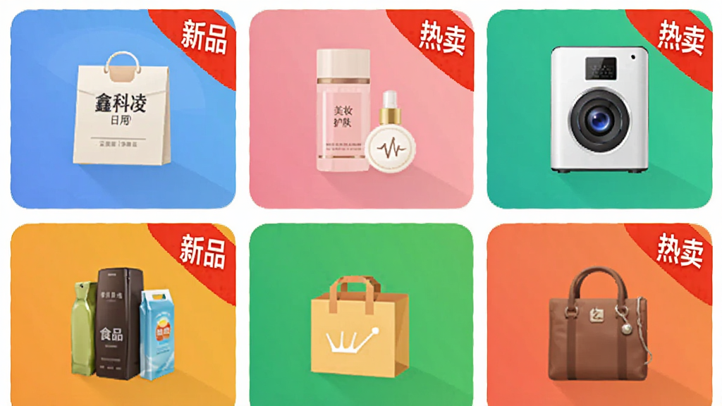 画面主体为鑫科凌迅APP的商品分类界面截图,展示家居日用、美妆护肤、数码家电、食品生鲜、服饰鞋包等图标,布局为九宫格样式,风格扁平化设计,细节处有红色角标提示“新品”和“热卖”,画质高清干净,无多余元素