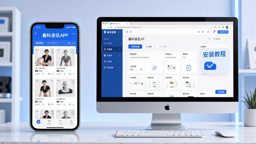 画面主体为手机和电脑并排展示鑫科凌迅APP使用场景,手机屏幕上显示商品列表,电脑屏幕显示网页版管理后台,布局为左右对称,风格科技感蓝白配色,细节有“安装教程”文字标识,画质高清干净,无多余元素