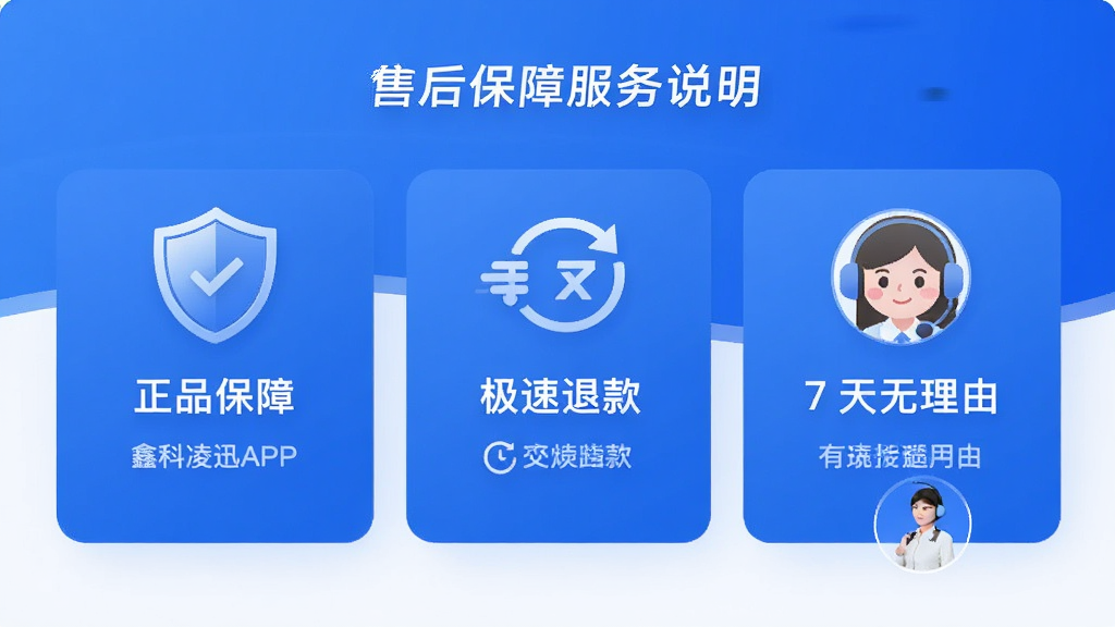 画面主体为鑫科凌迅APP的售后保障服务说明页面,展示“正品保障”“极速退款”“7天无理由”等图标,布局为横向排列,风格信任感强的蓝色调,细节有盾牌图标和客服头像,画质高清干净,无多余元素