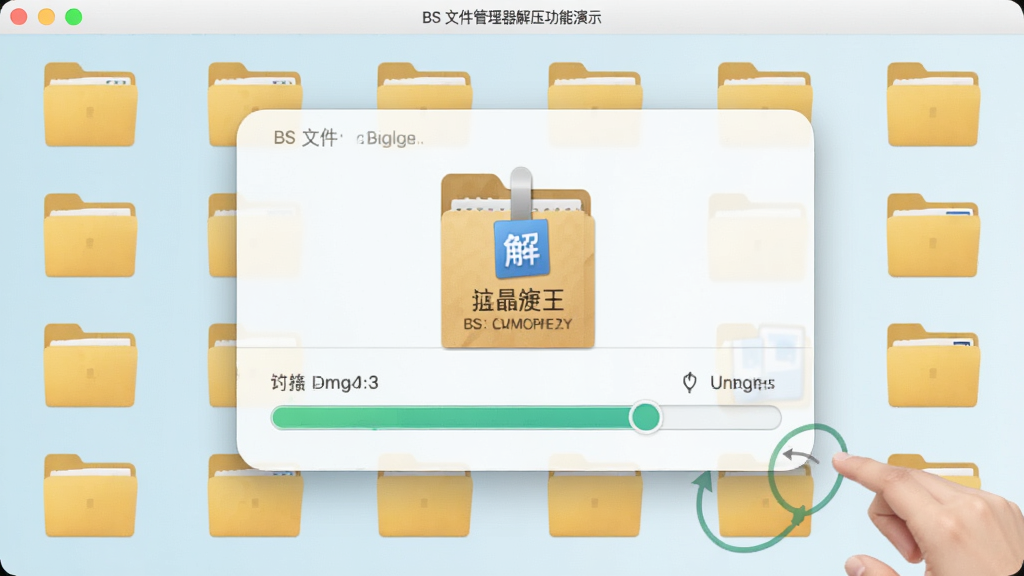 BS文件管理器解压功能演示,展示一个压缩包文件正在被解压,进度条清晰可见,周围有解压后的文件夹图标,界面设计直观,色彩清新,操作流畅,画质细腻