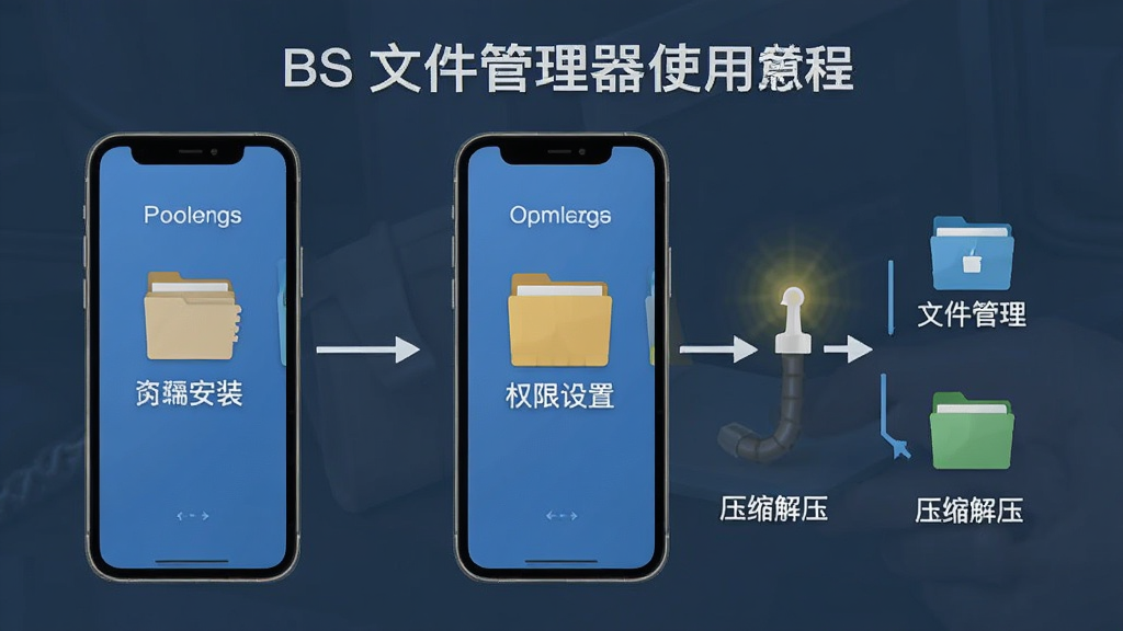 BS文件管理器使用教程示意图,展示手机端操作步骤,包括安装、权限设置、文件管理、压缩解压等流程,配以简洁的文字说明,风格清晰易懂,画质干净