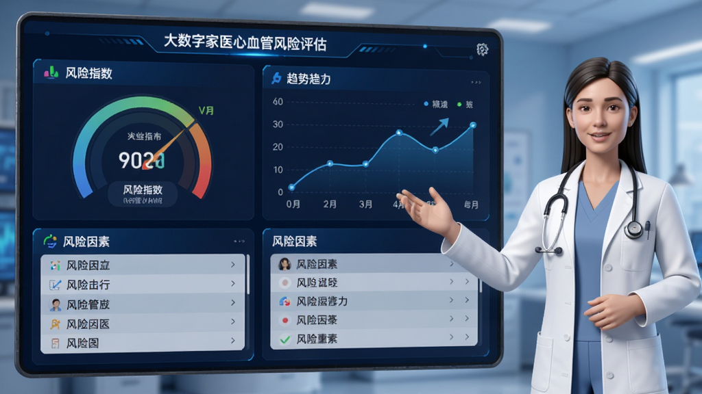 大白数字家医心血管风险评估功能展示图,界面显示风险指数仪表盘、趋势折线图、风险因素列表,医生虚拟形象在侧边讲解,深蓝科技色调,数据可视化清晰,高分辨率渲染,画面干净专业