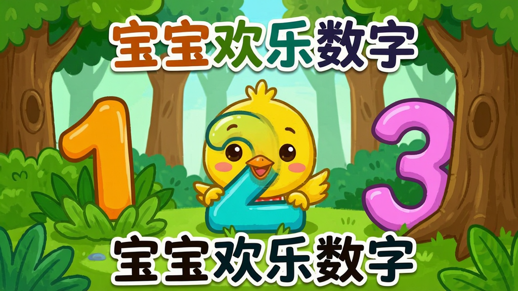 一张明亮的儿童益智应用宣传图,主体是卡通角色奇奇(黄色小鸡)和几个巨大的彩色数字“1、2、3”在森林场景中捉迷藏,布局采用中心构图,数字半藏在草丛和树后,风格为可爱卡通手绘风,细节丰富,色彩鲜艳明快,画质干净清晰,无多余元素,图片上带有“宝宝欢乐数字”字样