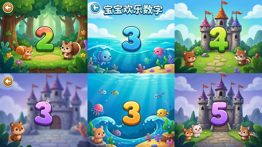 展示游戏内多个场景的拼贴长图,主体包括森林、海洋、古堡背景,每个场景中藏着不同颜色的数字,布局采用横向排列展示,风格为Q版卡通插画,细节包含小动物和植物元素,画质明亮清晰,无多余元素,图片上带有“宝宝欢乐数字”字样