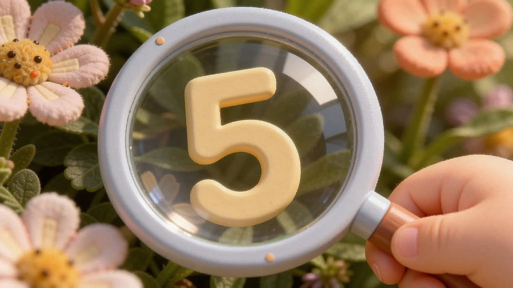 特写画面展示一只小手正在使用放大镜道具寻找藏在花丛中的数字“5”,主体是放大的数字和卡通化的放大镜,布局居中特写,风格细腻柔和,细节展现光影效果,画质高清干净,无多余元素