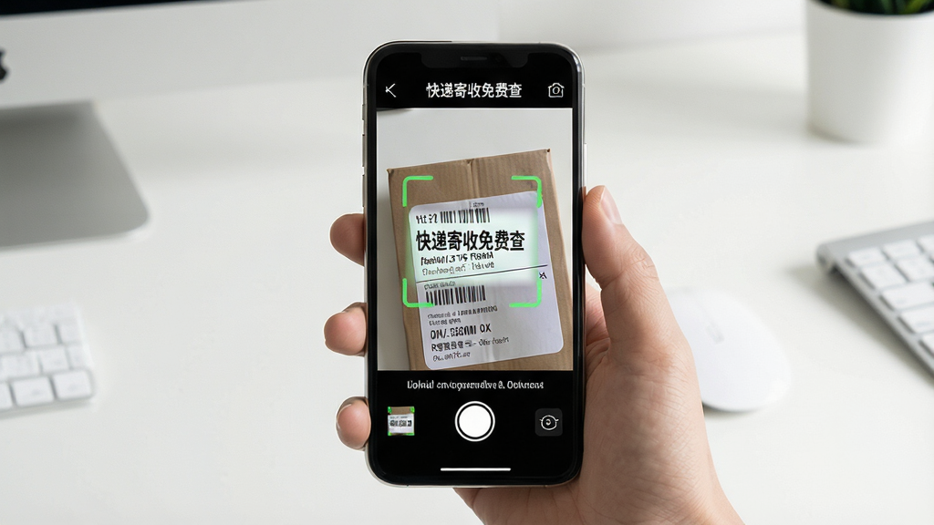 一张展示快递单号扫描识别的场景图,手机屏幕显示“快递寄收免费查”扫描界面,摄像头对准一张快递面单,屏幕自动识别出单号并显示物流信息,背景为简洁的桌面环境,布局居中,排版直观,风格写实,细节清晰,画质干净,无多余元素